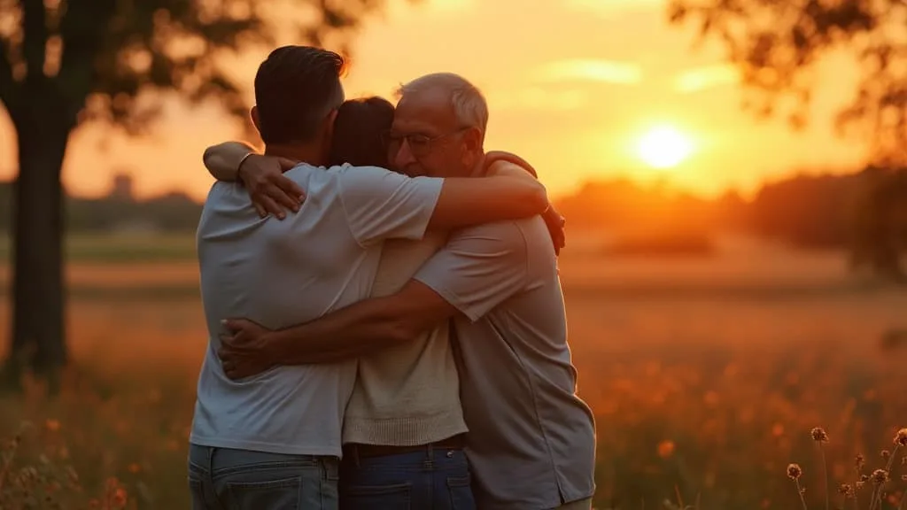 A serene, hopeful scene depicting a father embracing his returning son, with a warm sunset in the background. The image should evoke feelings of forgiveness, reconciliation, and heartfelt emotion.