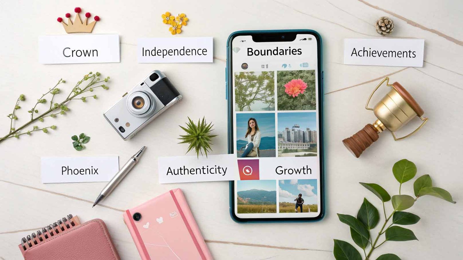 Flat lay showing Bad Bitch Captions categories with symbolic items