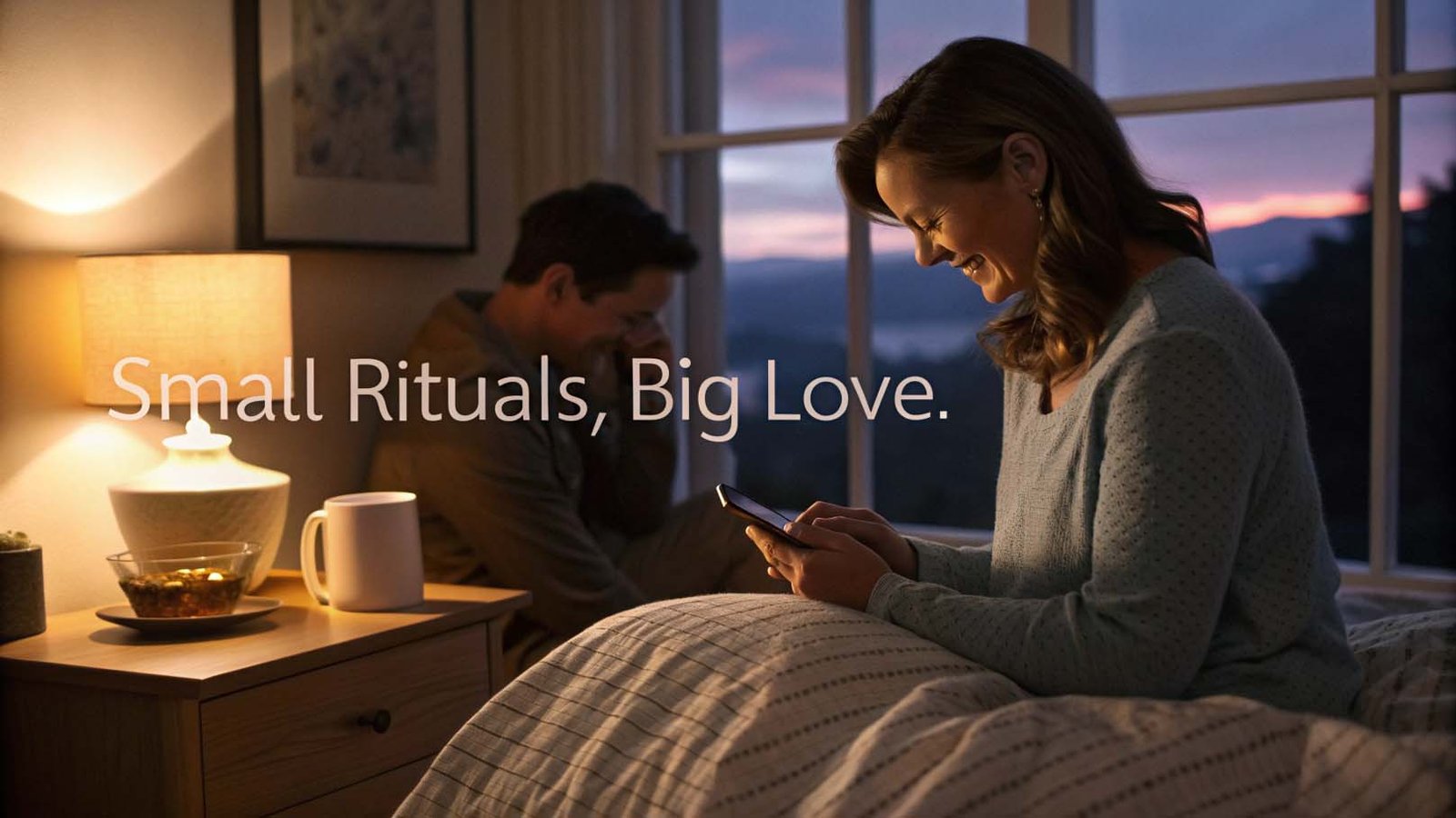 Woman receiving good evening love message in bedroom while partner brings tea, symbolizing relationship ritual