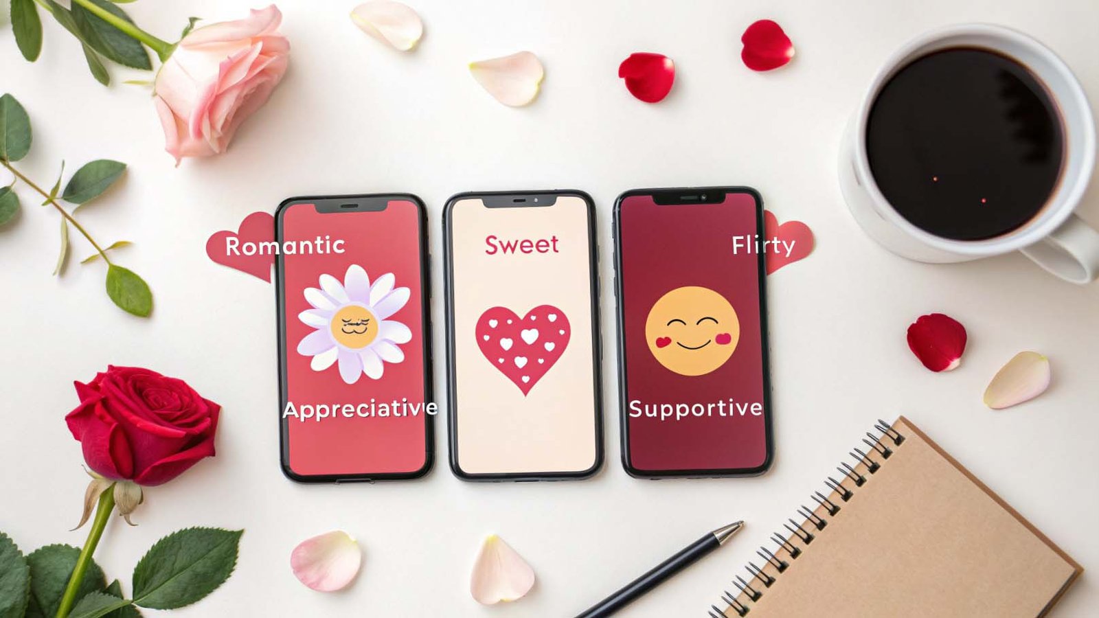 Smartphones displaying categorized good evening love messages: romantic, sweet, flirty, appreciative, supportive