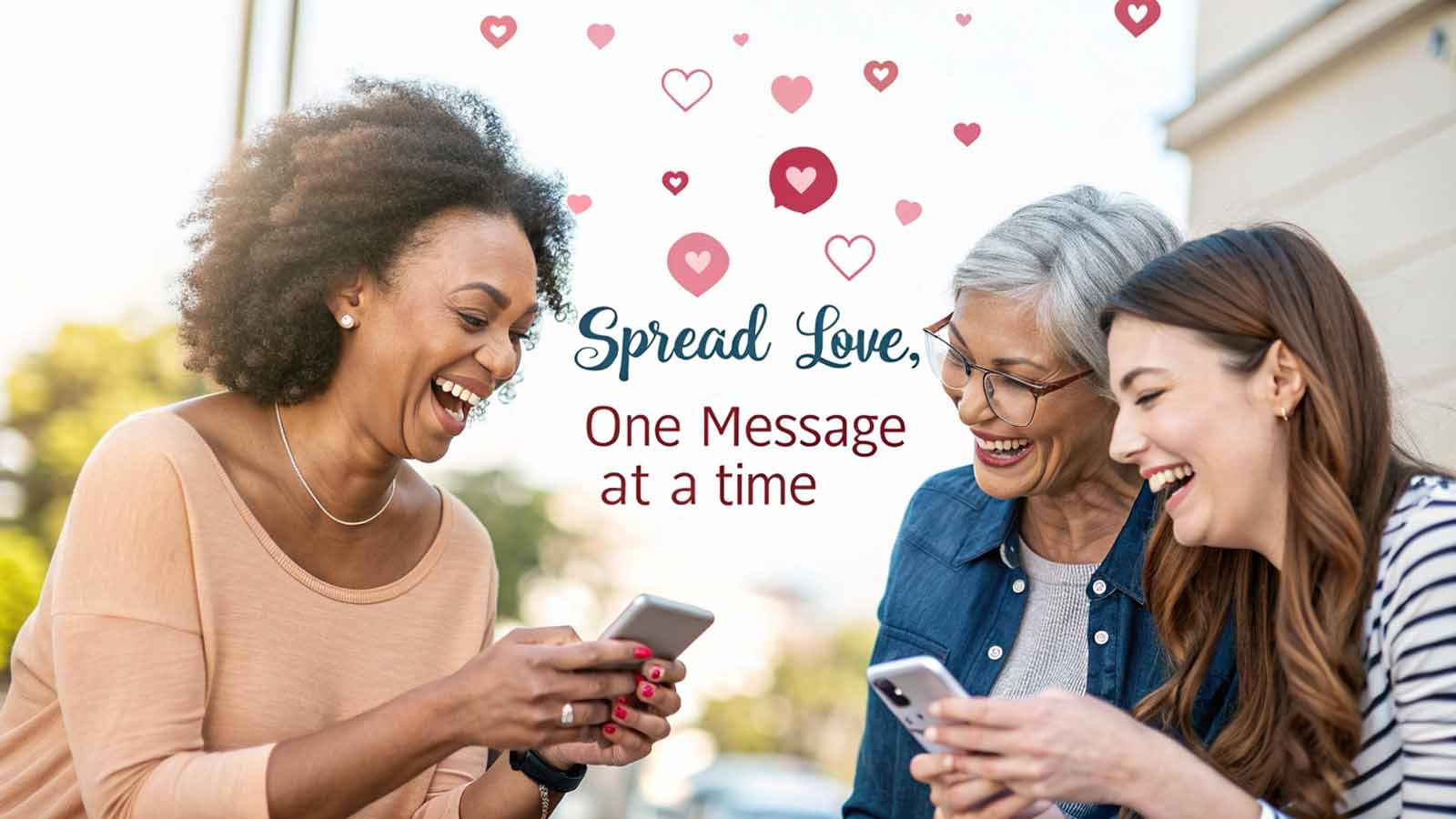 Diverse women sharing joyful moments while sending good evening love messages, spreading happiness