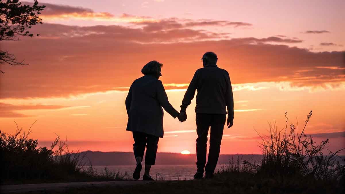 Lifelong marriage pride and love between husband and wife watching sunset together