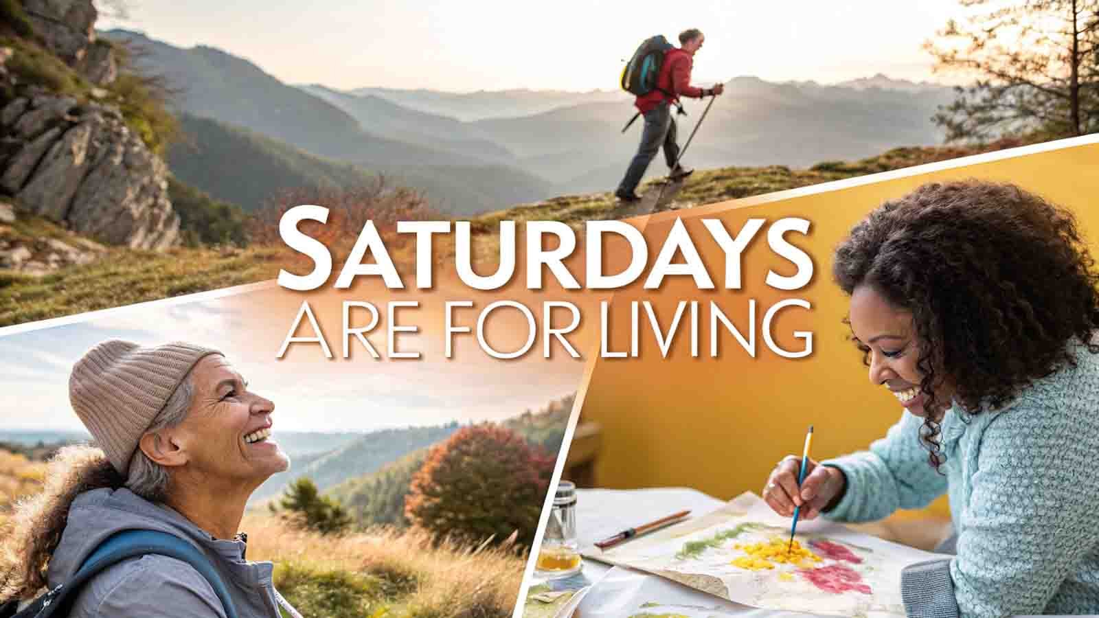 Collage of diverse Saturday activities: brunch, hiking, art, and family time celebrating weekend joy