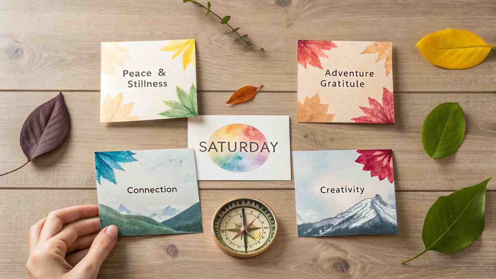 Flat-lay of categorized Saturday morning quotes: peace, adventure, connection, creativity, and gratitude themes