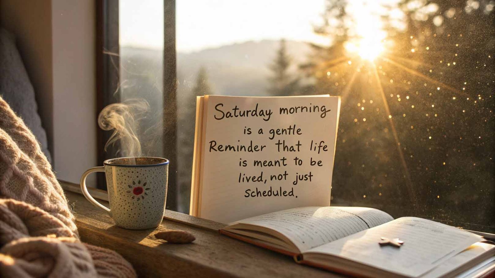 Golden hour Saturday morning scene with coffee, journal, and inspirational quote about living fully