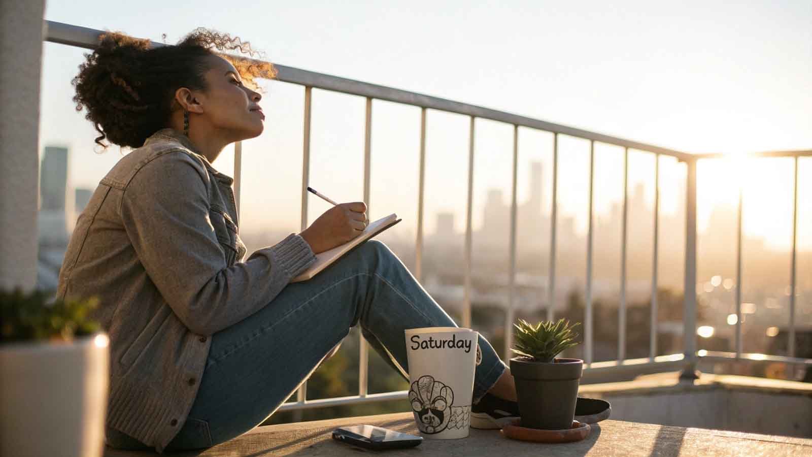 Woman practicing Saturday morning journaling ritual with coffee and sunrise view for mindfulness
