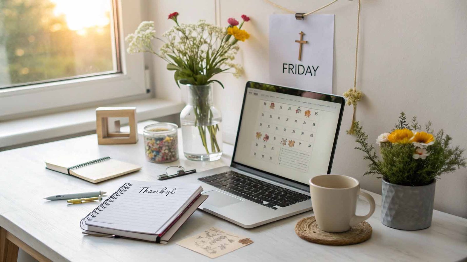 Modern workspace desk showing Friday calendar on laptop display, surrounded by faith elements including cross, gratitude journal, fresh flowers, and inspirational quote cards in soft morning light.