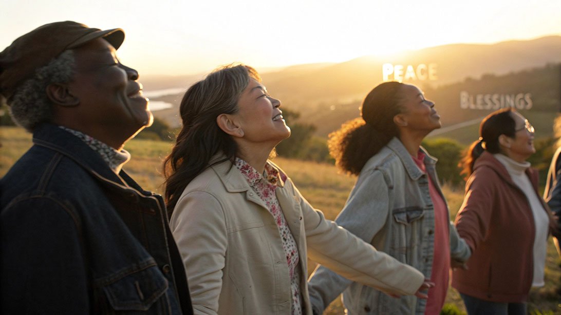 Community prayer circle at Friday sunset with diverse people holding hands, golden hour lighting, and visible words of faith floating in peaceful outdoor setting.