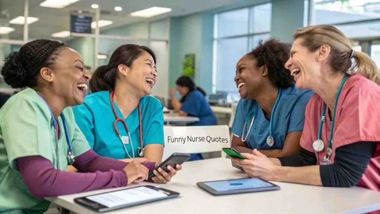 Diverse group of nurses laughing while sharing hilarious nurse quotes on smartphones in hospital break room