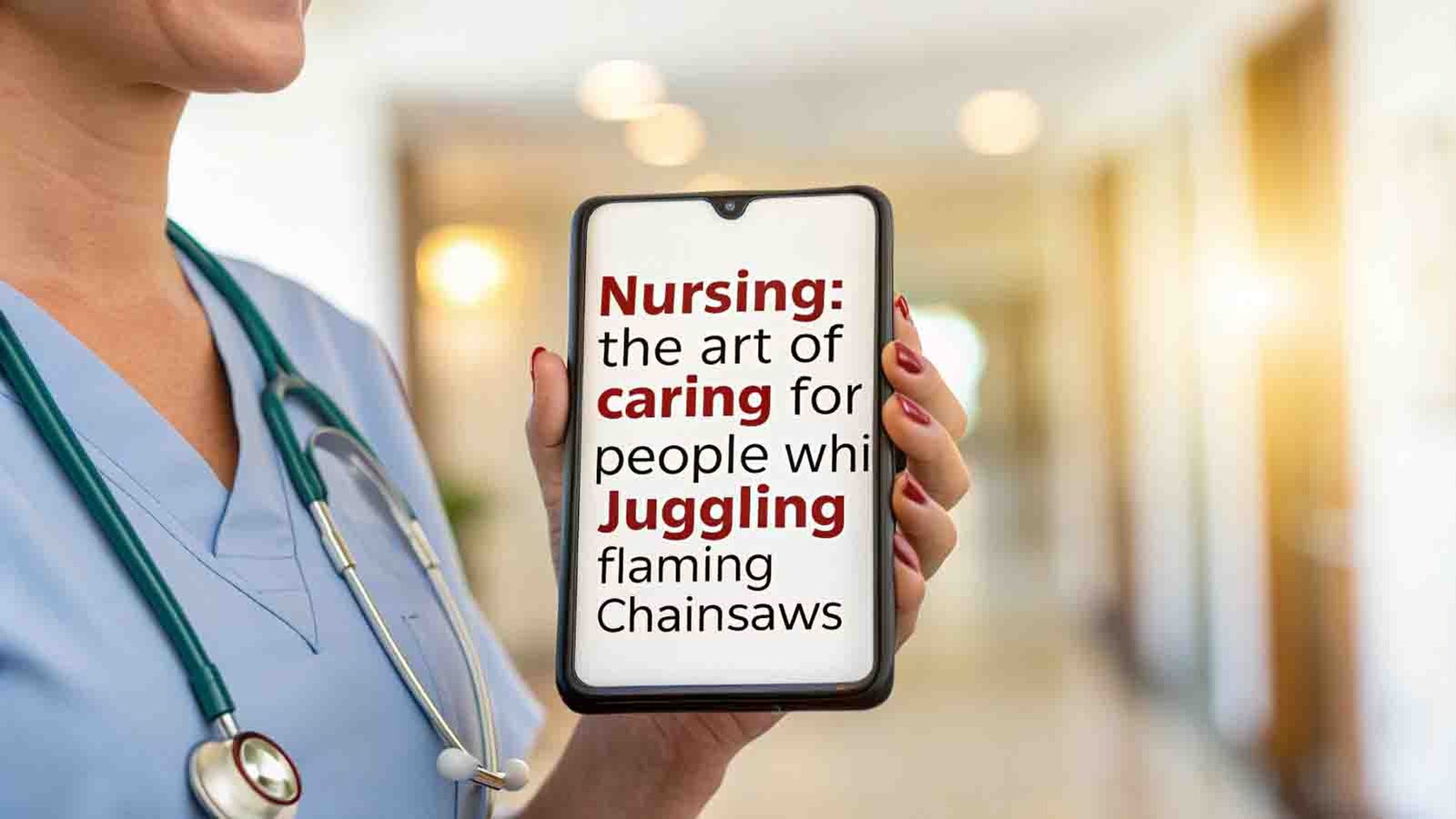 Nurse viewing hilarious nurse quote on smartphone with stethoscope in hospital setting