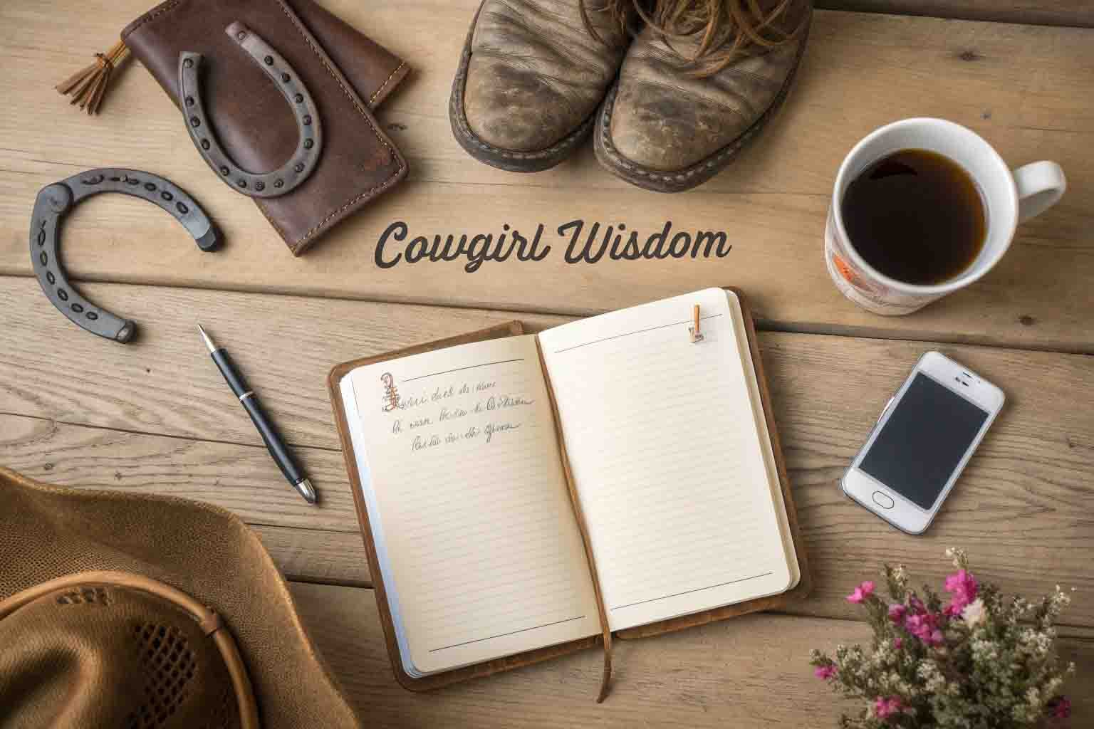 Journal with handwritten cowgirl quotes surrounded by cowboy boots and modern items showing practical wisdom application