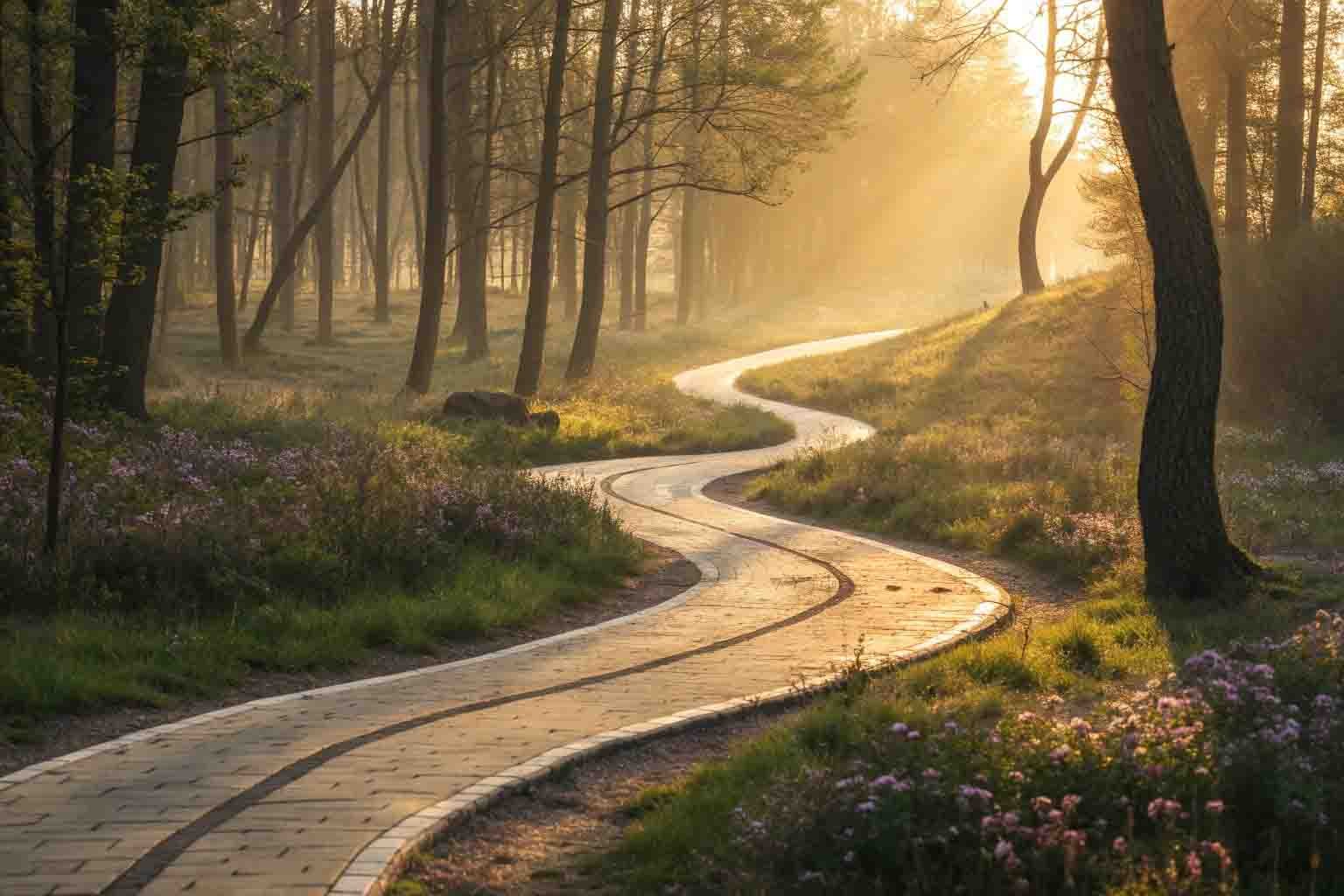 Winding path through sunlit forest representing the autism parenting journey, with puzzle elements and hopeful lighting