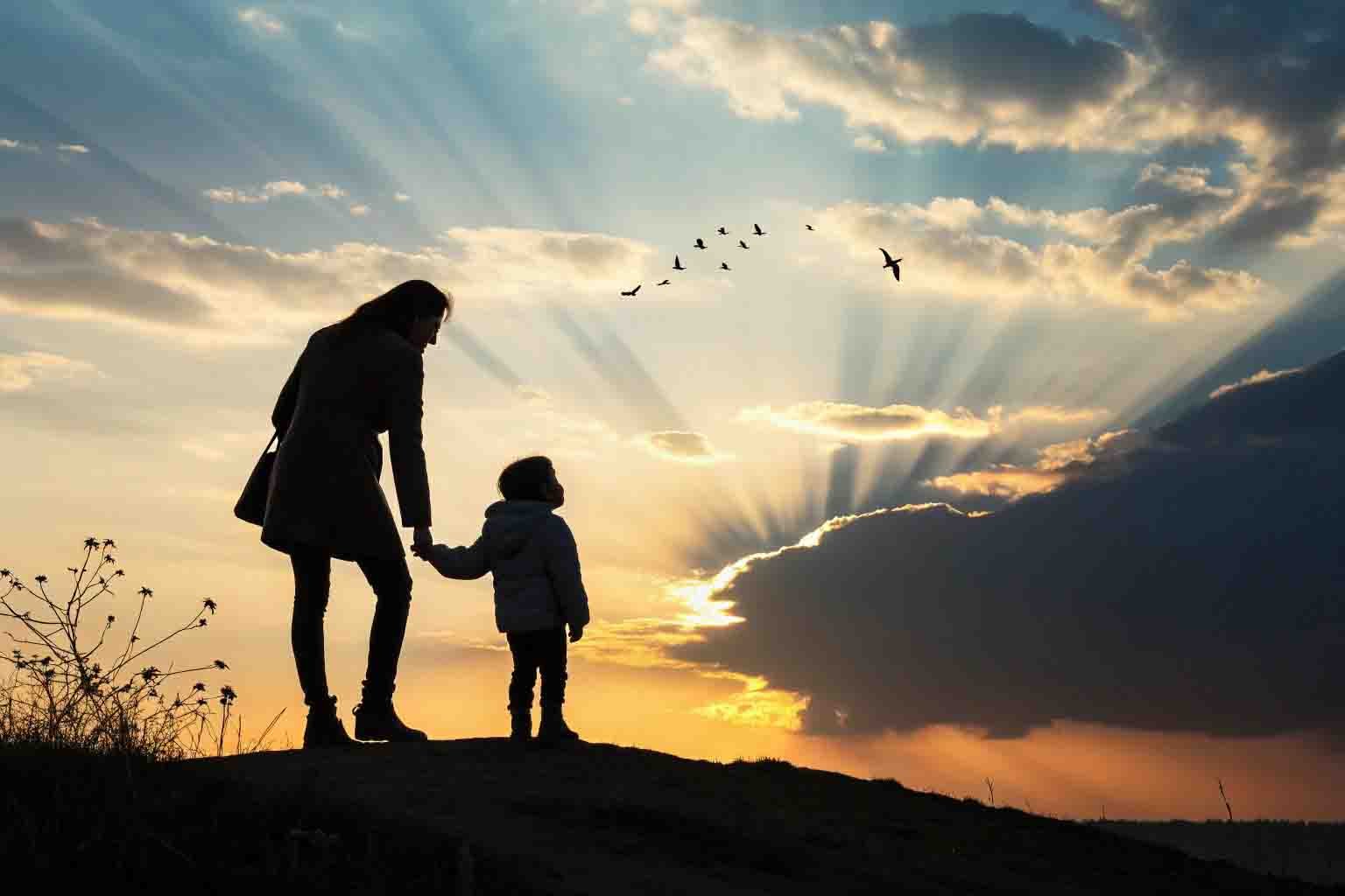 Silhouette of autism mom and child watching sunset together, symbolizing hope and future possibilities