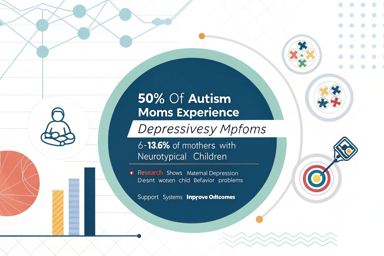 Professional infographic showing autism mom mental health statistics: 50% experience depressive symptoms compared to 6-13.6% of typical mothers