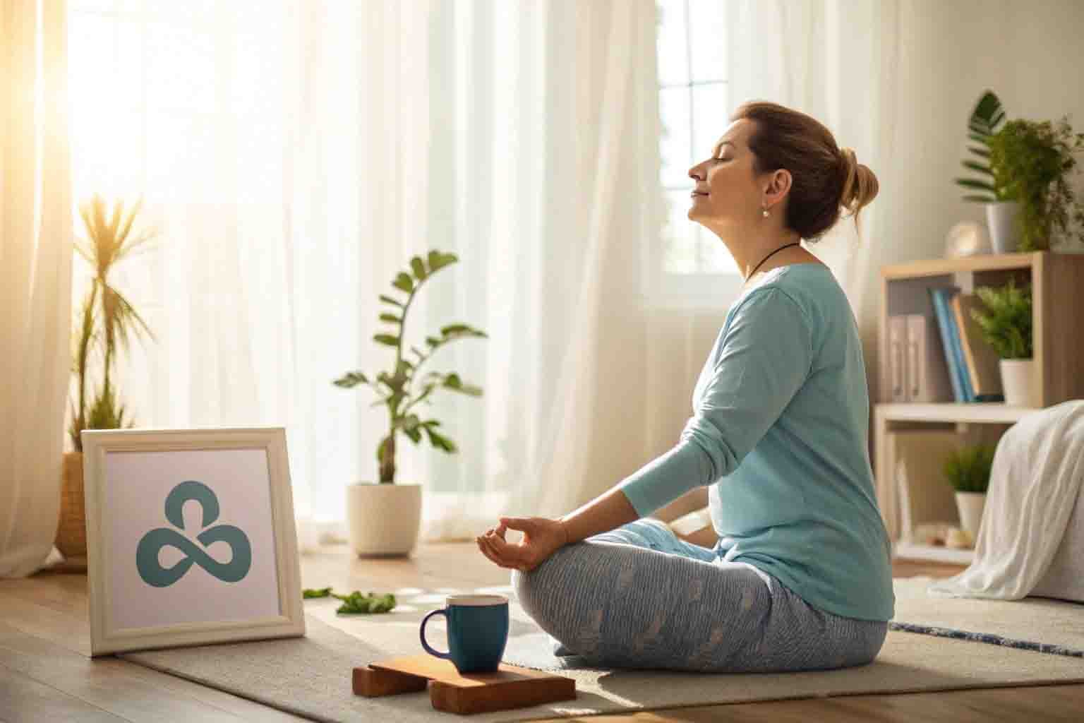 Autism mother practicing self-care and meditation in a peaceful, sunlit room for wellness and restoration