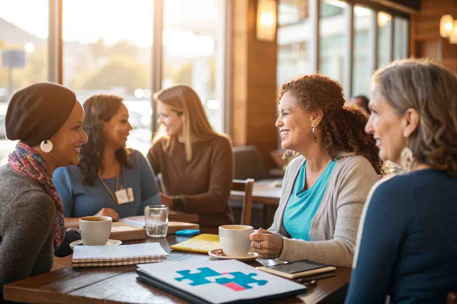Diverse group of autism mothers sharing stories and support in a cozy coffee shop setting