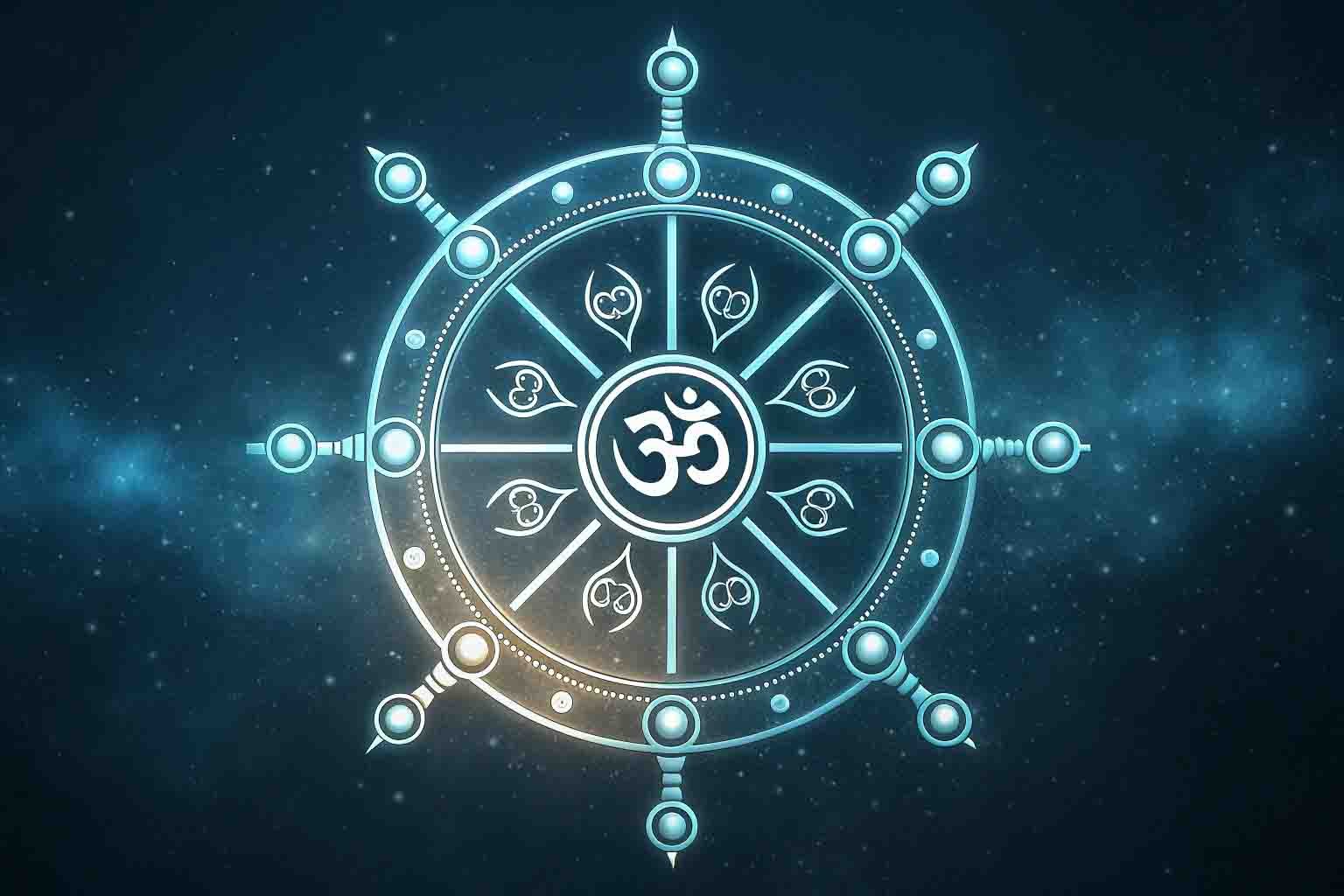 Cosmic dharma wheel symbolizing righteous living and cosmic order