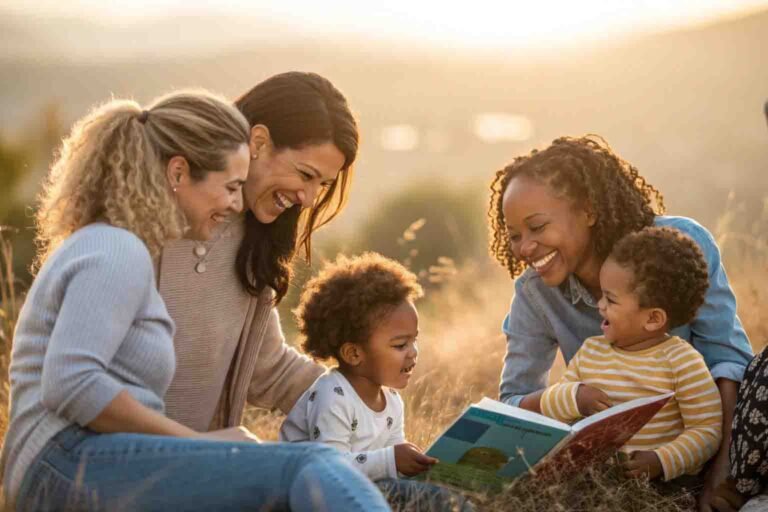 Diverse group of autism mothers sharing authentic moments of connection with their children during golden hour