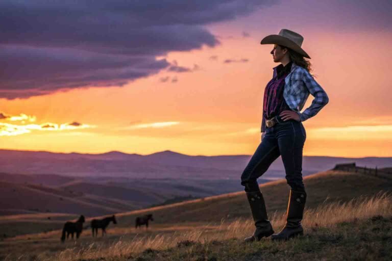 Confident modern cowgirl in Western wear overlooking horizon at sunset embodying independence and Wild West spirit