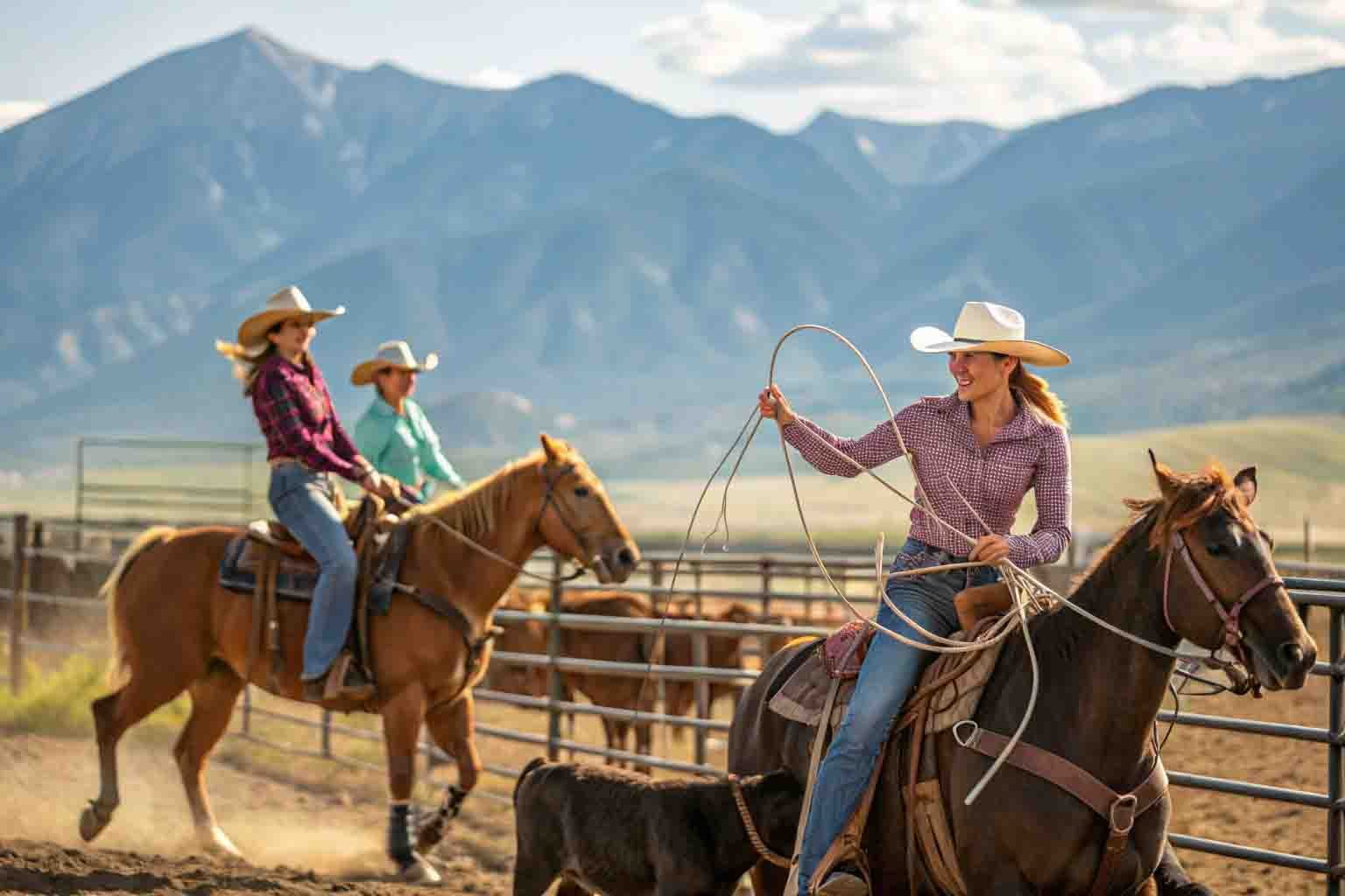 Diverse modern cowgirls working on ranch demonstrating strength independence and contemporary Western lifestyle