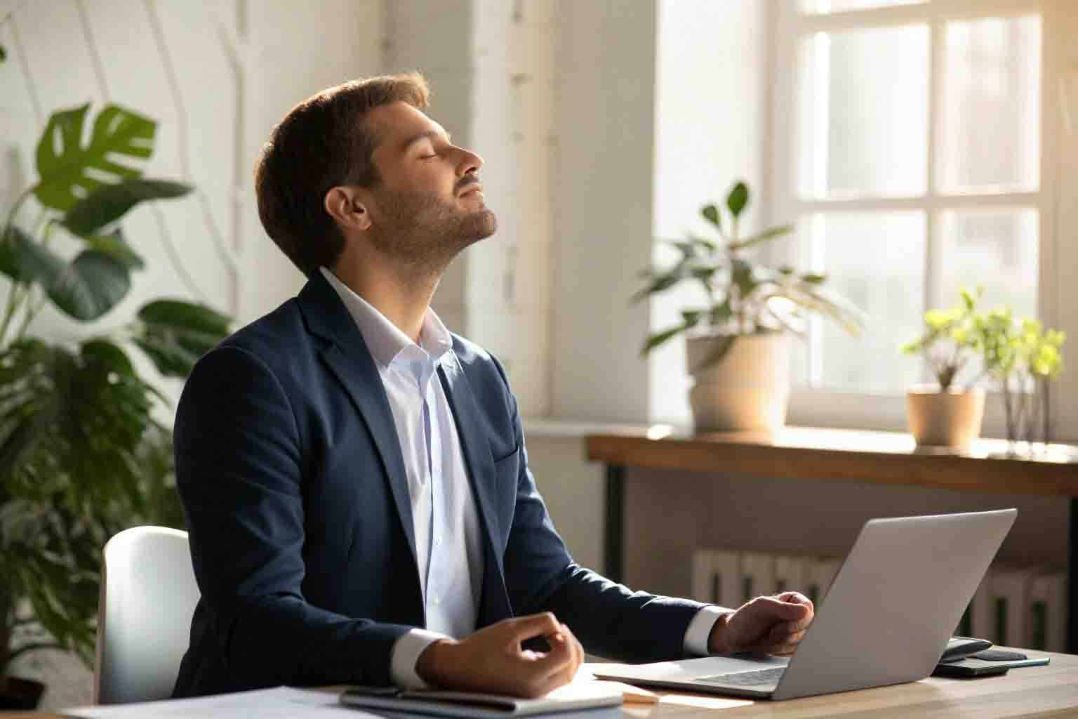 Modern professional practicing meditation for dharma in daily life