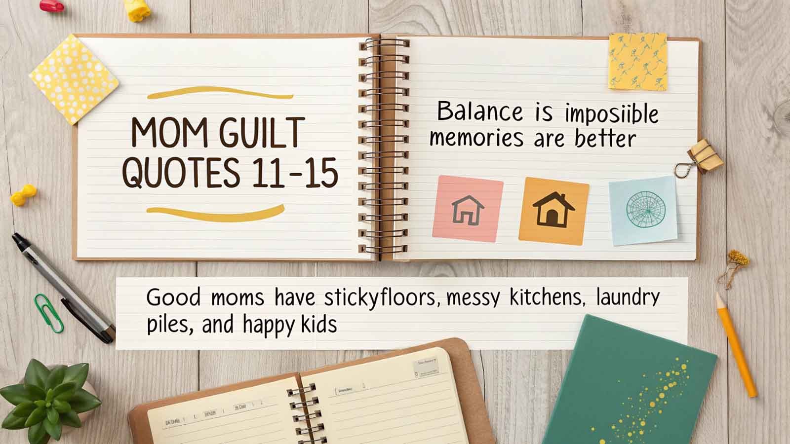 Creative collage of mom guilt quotes about balance, messy homes, and happy children
