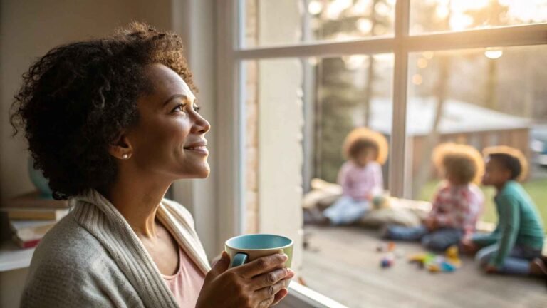 Thoughtful mother finding peace through mom guilt quotes to embrace motherhood