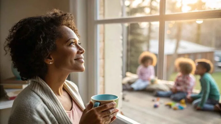 Thoughtful mother finding peace through mom guilt quotes to embrace motherhood