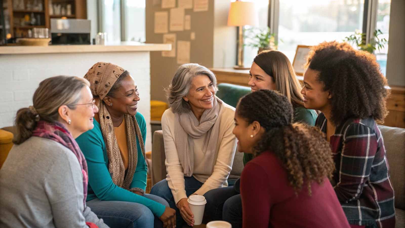 Group of mothers supporting each other through mom guilt and mental health challenges