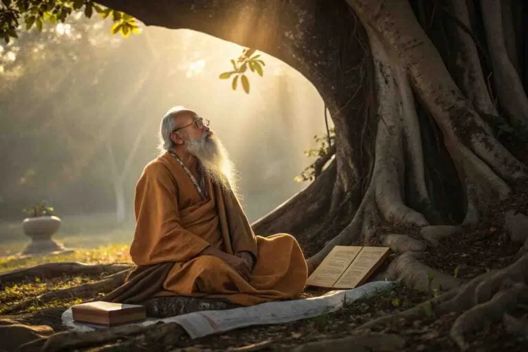 Sage Vasista teaching dharma under sacred banyan tree with golden light