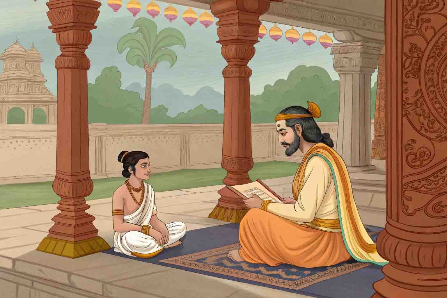 Sage Vasista teaching Lord Rama dharma in royal palace setting