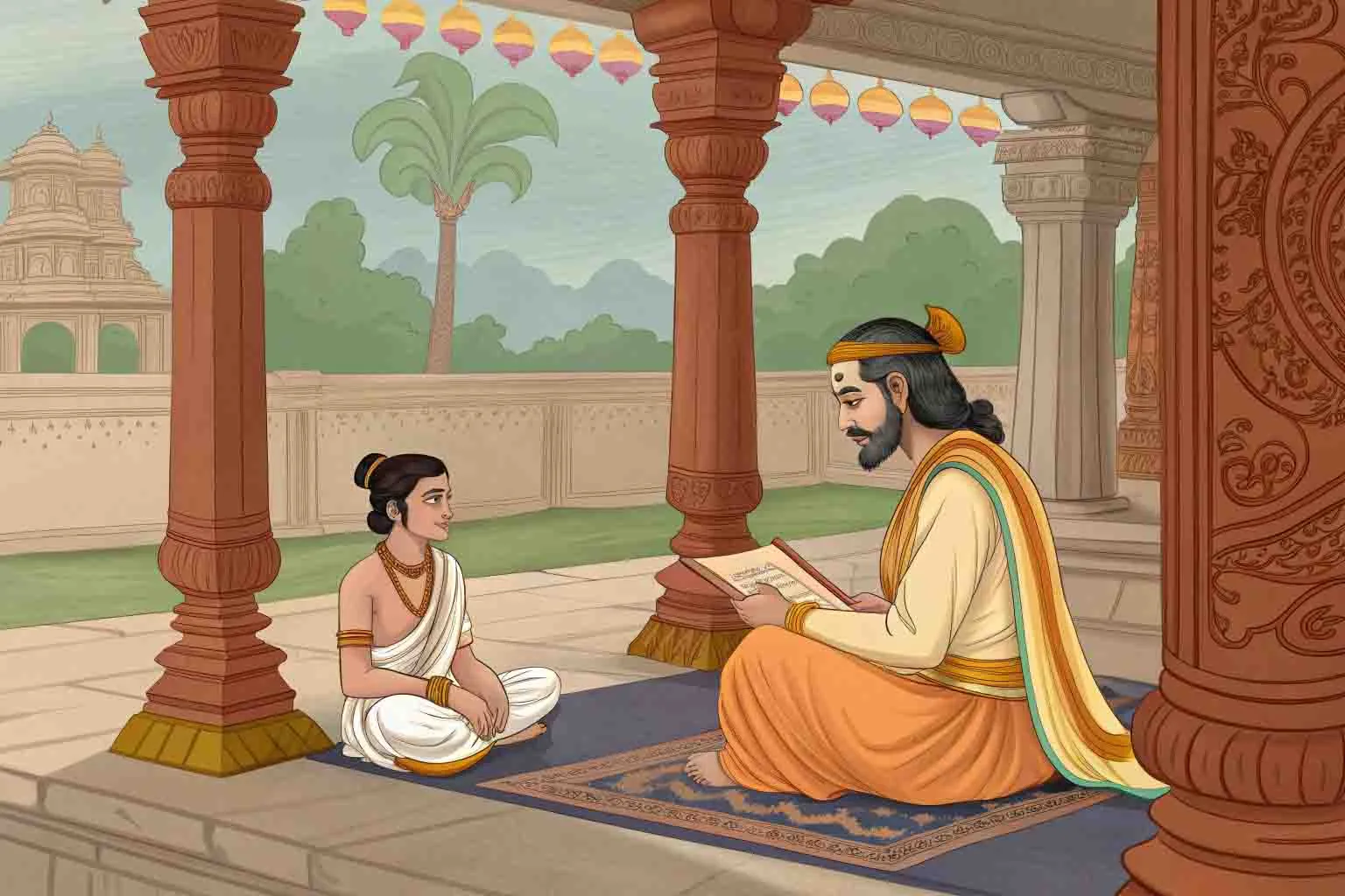 Sage Vasista teaching Lord Rama dharma in royal palace setting